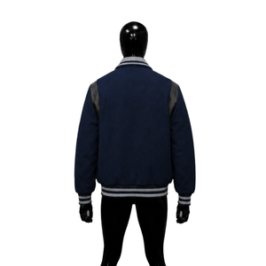 Blouson universitaire bleu marine élégant pour homme, épaules en cuir et poignets côtelés, style preppy, coupe classique, col rabattu, simple boutonnage - Product Image 2