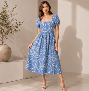Vietnam Manufacturer Sweet <b>Vintage</b> Mandarin Collar Fit Flare Sleeve Midi <b>Dress</b> <b>Women</b> Casual Breathable Worsted Fabric All - Product Image 4