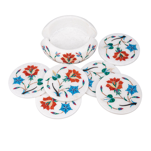 Handcrafted <b>White</b> Marble Inlay <b>Coaster</b> Set with Holder 6 Piece Floral Pietra Dura Drink <b>Coasters</b> - Product Image 2