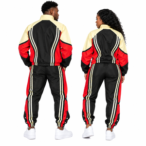 Conjunto Deportivo Unisex Rojo y Negro con Bloques de Color, Cierre Completo, Cuello Alto, Estilo Urbano, Transpirable, de Poliéster, para Otoño - Product Image 2