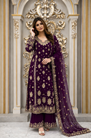 Ensemble Kameez en Faux Georgette Lourd Brodé de Paillettes avec Pantalon Salwar Doublé et Dupatta en Filet Moti pour Femme QO 1034