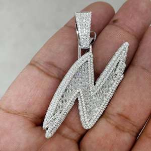Mens 925 <b>Silver</b> Moissanite <b>Initial</b> Letter N Pendant Iced Baguette Statement <b>Necklace</b> Custom Alphabet Jewellery Gift for Men - Product Image 2