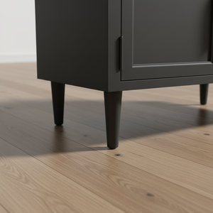 Vitrina Rectangular de Madera de Caucho y MDF con Chapa de Roble, Ecológica, 4 Compartimentos, Puertas con Persianas, Mesa Auxiliar/Mesita de Noche con Almacenamiento - Product Image 5