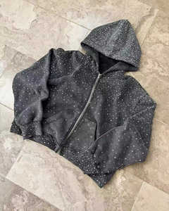 Custom Vintage Black Acid-Wash Oversized Men’s Hoodie Full Rhinestone <b>Distressed</b> Streetwear <b>Top</b> Quality - Product Image 2