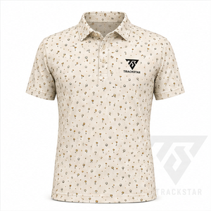Camisa Polo Trackstar para Hombre, Color Beige, con Estampado de Iconos de Golf, Manga Corta, Cuello con Botones, Estilo Deportivo Informal, Logotipo Personalizado - Product Image 1