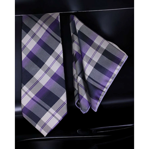Conjunto de Regalo de Corbata y Pañuelo de Bolsillo de Microseda con Diseño a Cuadros Morado y Azul para Hombre | Conjunto de Corbata y Pañuelo a Cuadros para Fiestas y Eventos Formales - Product Image 2