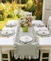 Set de table carré en lin brodé fait main à rayures vertes avec volants et serviettes en coton-lin pour mariage et fête