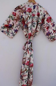 Bird Print Cotton <b>Kimono</b> Robe V Neck Loose Fit <b>Beach</b> Cover Up Summer Loungewear for Women Hand Print Cotton <b>kimono</b> Night wear - Product Image 4