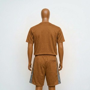 Ensemble T-shirt et short en coton éponge marron pour homme, col rond, décontracté, respirant, tricoté, couleur unie, idéal pour l'été - Product Image 4