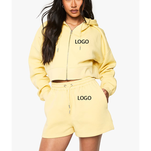 Custom Women Crop Hoodie And Sweat <b>Shorts</b> Set Premium Cotton Fleece Gym <b>Lounge</b> Wear OEM ODM - Product Image 4