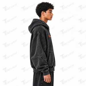 Tiierwear Men's Acid Wash Washed Cotton Hoodie Zip-Up Casual Sweatshirt With Front Logo Pocket Design Autumn Style - Product Image 3
