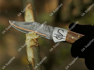 Couteau pliant professionnel fait main en acier Damas cuivré avec manche en bois de rose, pointe clip, pour chasse, camping, EDC, avec étui et aiguiseur - Product Image 4