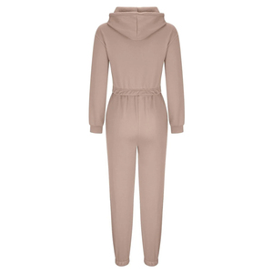 Women Beige Hooded Crop <b>Top</b> Tracksuit Set Full Length Side Pockets Casual Solid Color Cotton Material Autumn Wear - Product Image 2