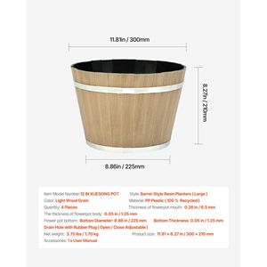 Set di 4 Grandi Vasi Stile Botte di Whisky da 30 cm con Fori di Drenaggio, Fioriere in Plastica Resistente per Uso Interno ed Esterno - Product Image 5