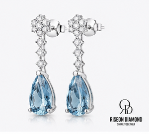 18K White Gold Sky <b>Blue</b> Gemstone Drop <b>Earrings</b> Pear Shape Diamond <b>Studded</b> Floral Top Bridal Wedding Luxury Fashion Jewelry - Product Image 2