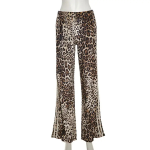 Pantalon évasé taille haute pour femme, imprimé léopard, longueur intégrale, taille élastique, style décontracté d'été, coupe ample, en tissu mousseline - Product Image 3