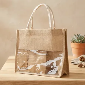 Sac fourre-tout moderne en jute naturel pour l'extérieur, élégant sac de courses avec deux poignées durables, fermeture ouverte, grand espace de transport, haute capacité - Product Image 5