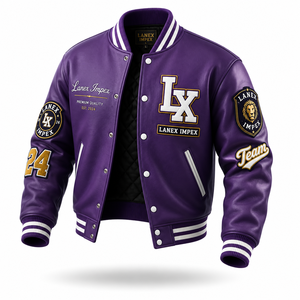 Custom Purple Varsity Letterman Jacket Men PU Leather Baseball College Jacket Embroidered Chenille Patch Bomber Jacket OEM ODM - Product Image 2