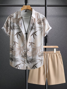 Conjunto de Camisa y Pantalones Cortos Casuales de Verano para Hombre, 100% Algodón Transpirable, con Estampado de Hojas de Coco - Product Image 3