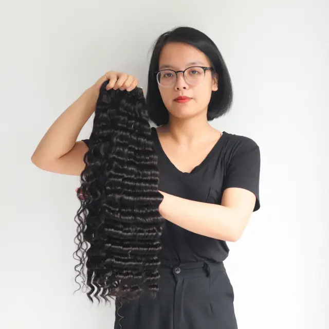 Wholesale Double Drawn Deep Wavy Weft Hair Bundle Cuticle Aligned Vietnamese Remy Hair with Lace Frontal