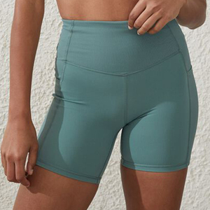 Shorts de Yoga Azules de Cintura Alta con Costuras en Contraste, Diseño Elástico en Cuatro Direcciones, Cintura Elástica, Color Sólido, Ropa Deportiva para Entrenamiento - Product Image 4