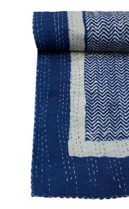 Indigo Blue Geometric Pattern Cotton Kantha <b>Quilt</b> Hand Stitched Traditional Indian Home Decor <b>Bedspread</b> All-Season - Product Image 6