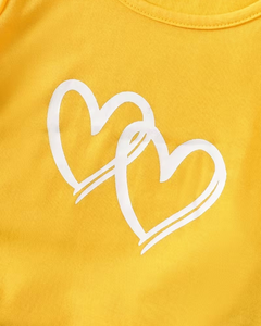 Girls 2Pcs Set Yellow Heart Print Short Sleeve T Shirt Denim Daisy Shorts Casual Summer Outfit - Product Image 4
