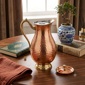 Carafe à eau artisanale en cuivre martelé avec couvercle, poignée et base en laiton, carafe à eau ayurvédique en cuivre pur - Product Image 5