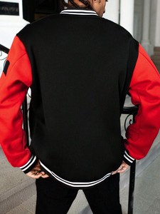 Black Red College Baseball <b>Jacket</b> <b>Men</b> Bat Print Graphic Sleeves Streetwear Varsity Double Breasted Front Thick Fleece Windproof - Product Image 6