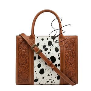 Western Cowhide <b>Leather</b> Tote Bag Hair On Hide Crossbody Handbag <b>Tooled</b> Cowgirl Purse for Women Daily Office Tote - Product Image 1