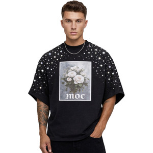 Customized Vintage Graphic Men's shirts Rhinestone Oversized 100%Cotton 280gsm T Shirt Floral <b>Hip</b> Hop Streetwear Manufacturer - Product Image 2