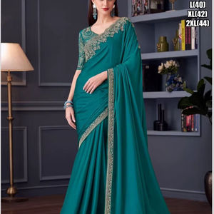 Teal <b>Green</b> Chiffon <b>Silk</b> Embroidered <b>Blouse</b> Traditional Designer Saree Moisture Wicking Wrinkle Free Features for Wedding/Party - Product Image 1