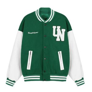 Green <b>White</b> Varsity <b>Jacket</b> <b>Men</b> Preppy Style Embroidered Letter LN Patch Regular Fit Autumn Wool Polyester Turn-down Collar - Product Image 1