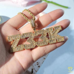Collier pendentif Hip Hop Lab Grown Diamond  "BFAM" plaqué or blanc avec chaîne en corde, bijoux pour homme - Product Image 5