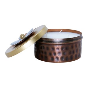 Pot à bougie en métal plaqué cuivre martelé avec couvercle, récipient décoratif rond pour bougie, idéal pour la décoration intérieure, parfait comme cadeau de mariage. - Product Image 2
