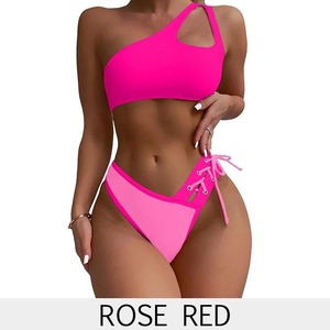 Conjunto de Bikini Rojo Rosa de un Solo Hombro, Asimétrico, Elástico, Antibacterial, con Cordón Ajustable en la Parte Inferior para Niñas - Product Image 1