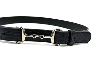 Black Crocodile Embossed PU Leather <b>Belt</b> with <b>Silver</b> Horsebit <b>Buckle</b> - Product Image 1