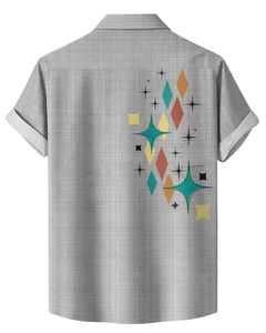 Camisa de Manga Corta con Botones y Estampado Geométrico Retro Gris Claro, Ropa Casual de Verano para Hombre, Fabricante OEM, Suministro al por Mayor - Product Image 2