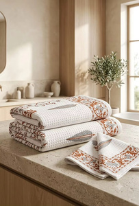 Ensemble de serviettes en coton gaufré, 1 de bain et 2 de toilette, imprimées à la main, séchage rapide, douces, écologiques, pour le bain et les voyages – Meilleures ventes - Product Image 1