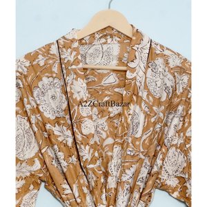 Albornoz de lujo 100% algodón, largo hasta el suelo, lavable, transpirable, para mujer, tipo kimono, con estampado a mano y cintura natural. - Product Image 4