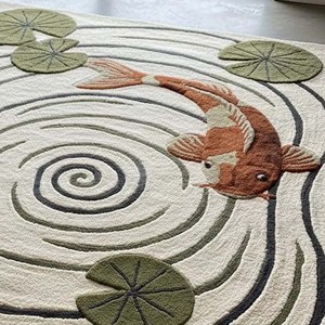 Designer Circular Koi Fish Rug Artistic Pond Pattern Carpet Modern Handtufted Living Room Bedroom Soft Decorative Area <b>Floor</b> Rug - Product Image 5