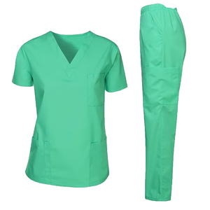 Ensemble de tenues médicales unisexe à col en V et manches courtes, en tissu tissé élasthanne, avec détection par radiofréquence, pantalon vert durable - Product Image 1