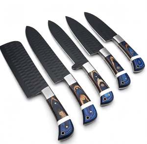 Ensemble de 5 couteaux de chef noirs martelés faits à la main, manche en bois bleu, outil de cuisine en acier inoxydable - Product Image 2
