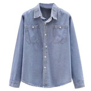 Chemises classiques en denim de coton pour hommes, respirantes, boutonnées, bleu délavé, coupe classique, décontractées - Product Image 3