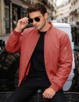 Blouson bomber rouge pour homme, fermeture éclair, couleur unie, style décontracté, matière polyester, vêtement d'automne, coupe classique, col rabattu