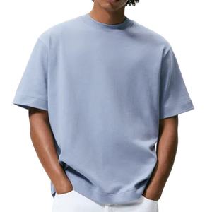 Men's Regular Fit Short Sleeve O-Neck T-Shirt Solid Light Blue 100% Cotton Jersey Knitted Casual Anti-Pilling 220g Front <b>Logo</b> - Product Image 2