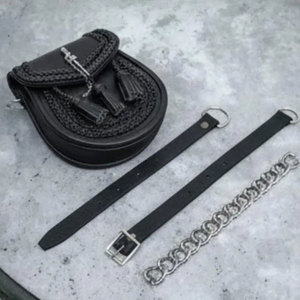 Top Sell Black Leather Scottish Kilt Sporran Traditional Braided Sporran With 3 Tassels with <b>Chain</b> <b>Belt</b> Strap - Product Image 6
