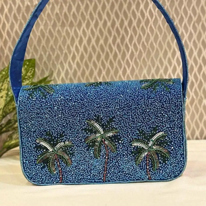 Beaded Palm Tree Shoulder Bag Bohemian Style Single Strap Zipper Closure Blue Women's <b>Handbag</b> <b>Summer</b> Daily Use - Product Image 6