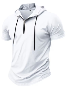 Men's Hooded Henley T-Shirt Short Sleeve Regular Fit Quick Dry Solid Color Casual Pullover Light Blue Jersey Knitted 100% Cotton - Product Image 3