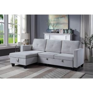 Divano Sezionale Reversibile Nova 82.5'' in Velluto Grigio Chiaro con Chaise Longue Contenitore - Elegante Arredamento per Soggiorno - Product Image 1